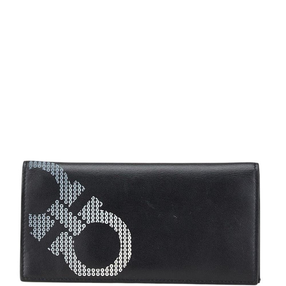 Salvatore Ferragamo Leather Double Gancini Long Wallet Black